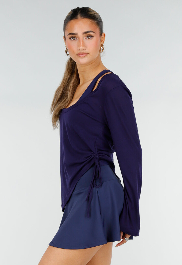 Donkerblauwe Zachte Longsleeve Top met Trekkoord en Wijde Mouwen