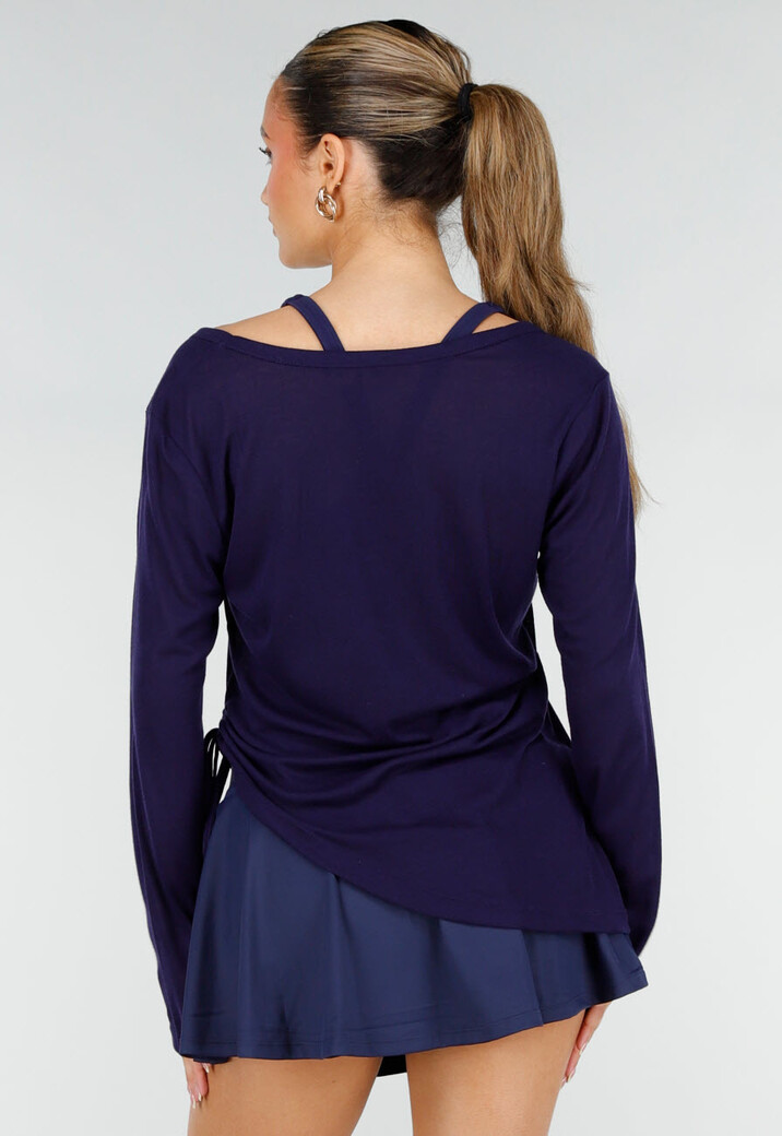 Donkerblauwe Zachte Longsleeve Top met Trekkoord en Wijde Mouwen