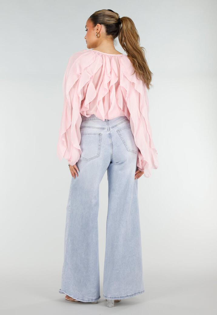 Lichtroze Chiffon Blouse met Ruffles Lange Mouwen en Knopen
