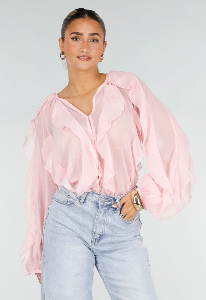 Lichtroze Chiffon Blouse met Ruffles Lange Mouwen en Knopen