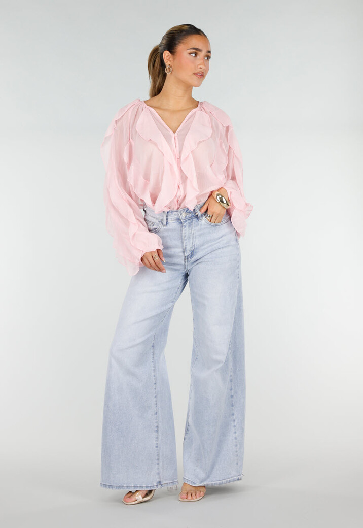 Lichtroze Chiffon Blouse met Ruffles Lange Mouwen en Knopen