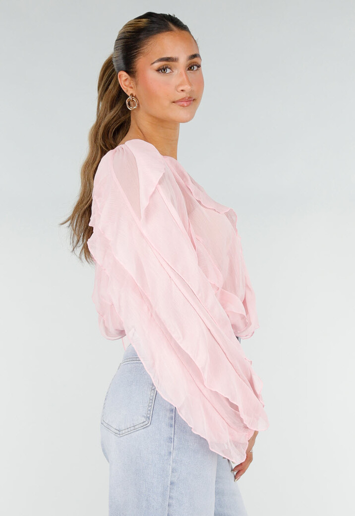 Lichtroze Chiffon Blouse met Ruffles Lange Mouwen en Knopen