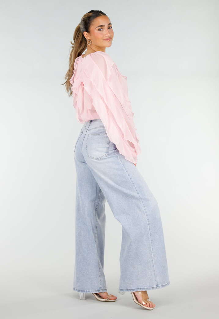 Lichtroze Chiffon Blouse met Ruffles Lange Mouwen en Knopen
