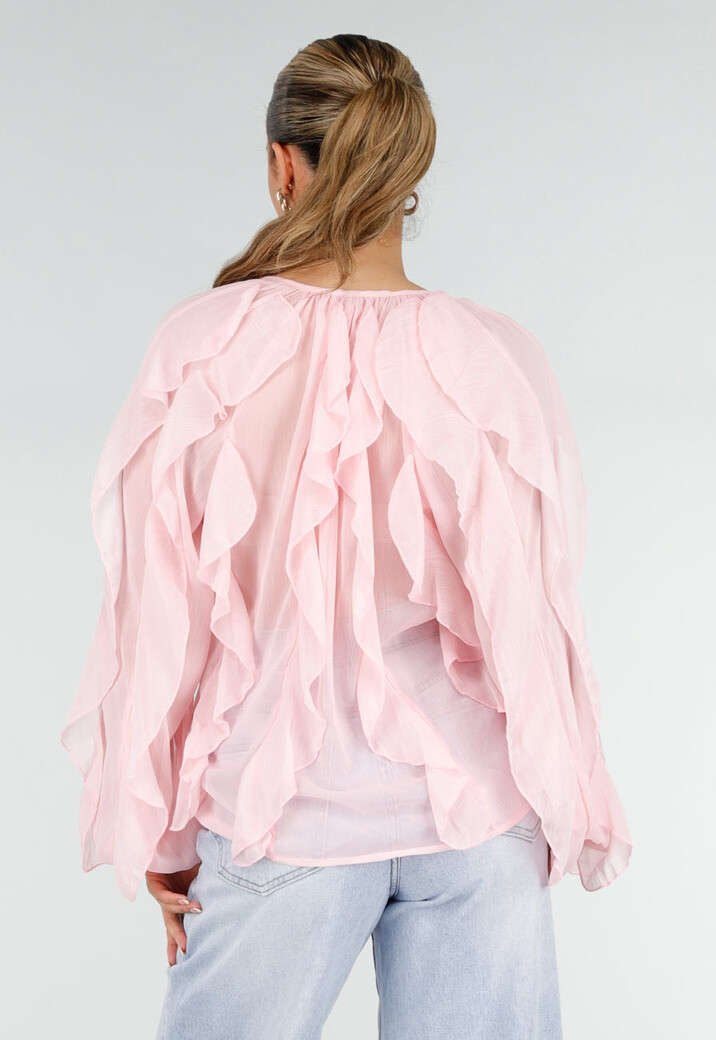 Lichtroze Chiffon Blouse met Ruffles Lange Mouwen en Knopen