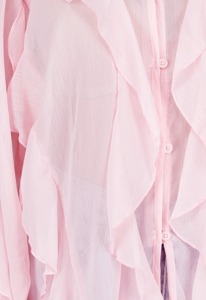 Lichtroze Chiffon Blouse met Ruffles Lange Mouwen en Knopen
