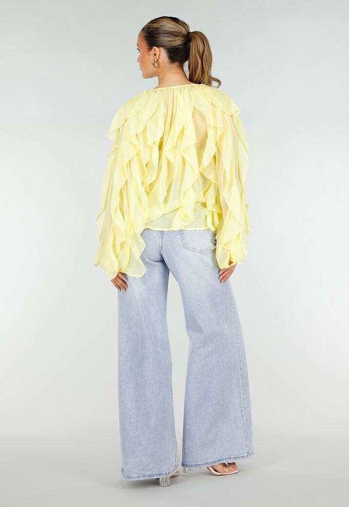 Gele Chiffon Blouse met Ruffles Lange Mouwen en Knopen