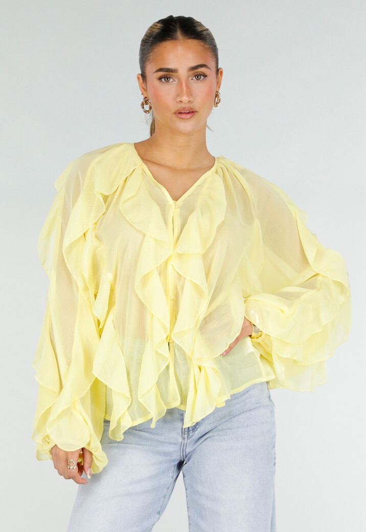 Gele Chiffon Blouse met Ruffles Lange Mouwen en Knopen