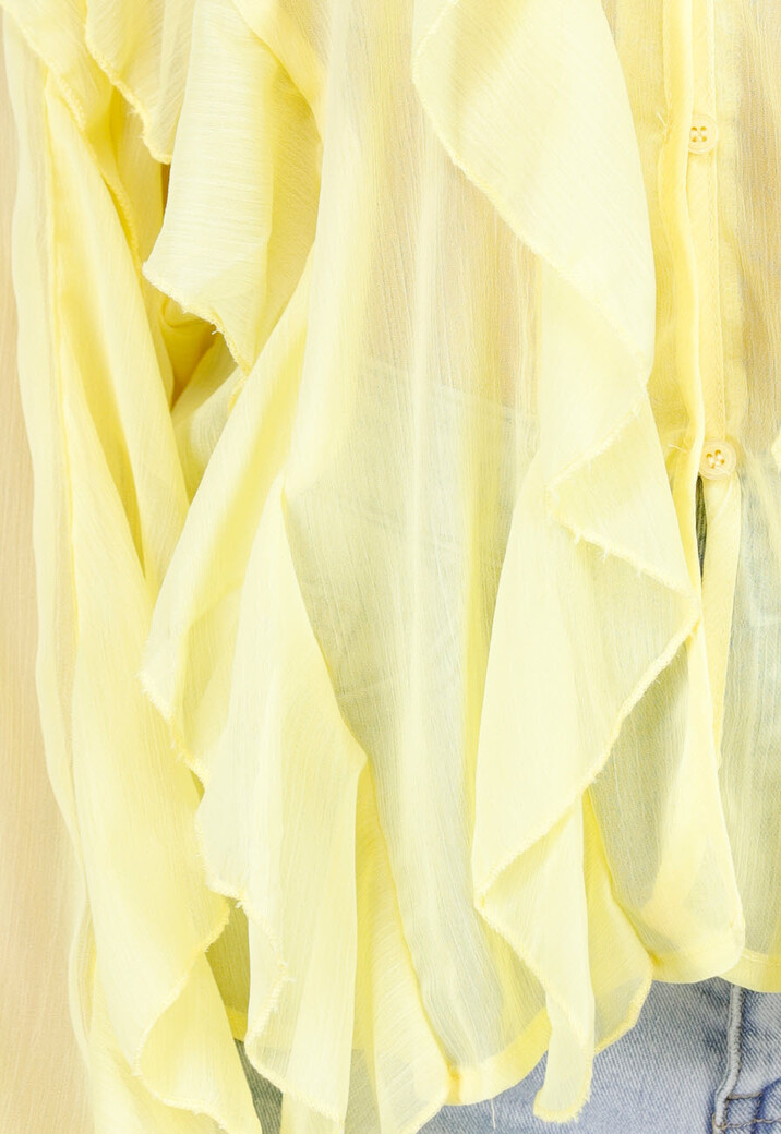 Gele Chiffon Blouse met Ruffles Lange Mouwen en Knopen