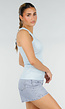 Lichtblauwe Rib Tanktop met Roze Tekst en Aansluitende Pasvorm