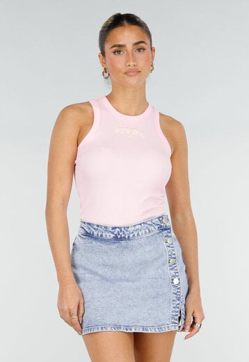 Roze Rib Tanktop met Gele Tekst
