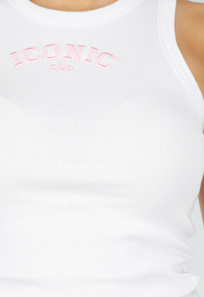 Witte Rib Tanktop met Roze Tekst en Ronde Hals
