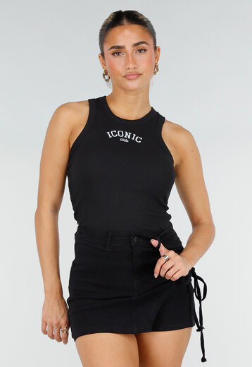 Zwarte Rib High Neck Top met Tekst