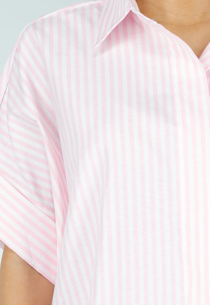 Roze Gestreepte Blouse met Korte Mouwen en Knoopsluiting