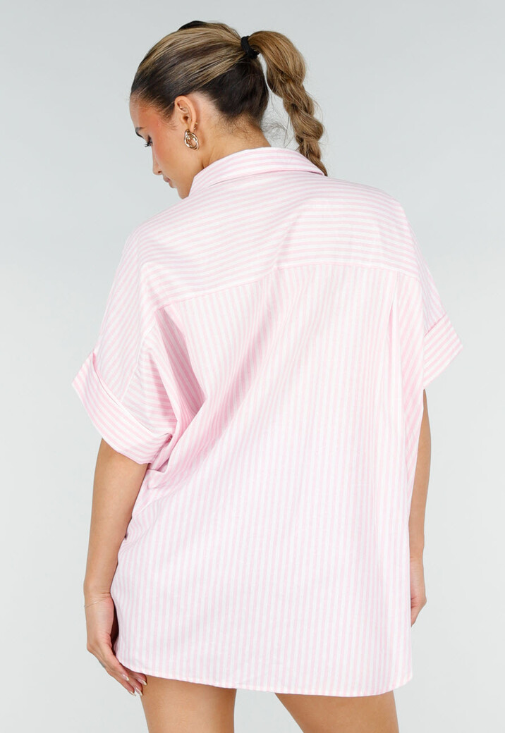 Roze Gestreepte Blouse met Korte Mouwen en Knoopsluiting