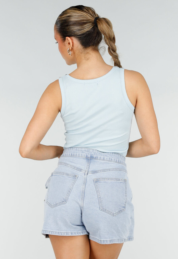 Lichtblauwe Rib Tank Top met Glitters en Aansluitende Pasvorm
