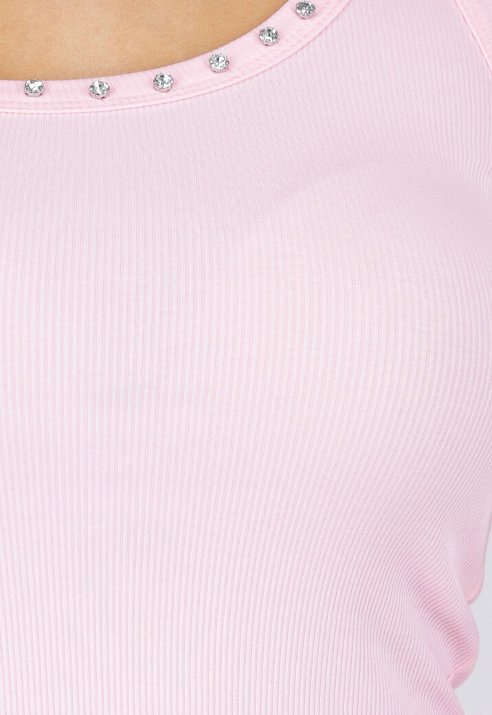 Roze Rib Tank Top met Glitters en Aansluitende Pasvorm