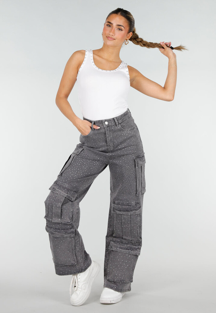 Witte Rib Tank Top met Glitters en Aansluitende Pasvorm