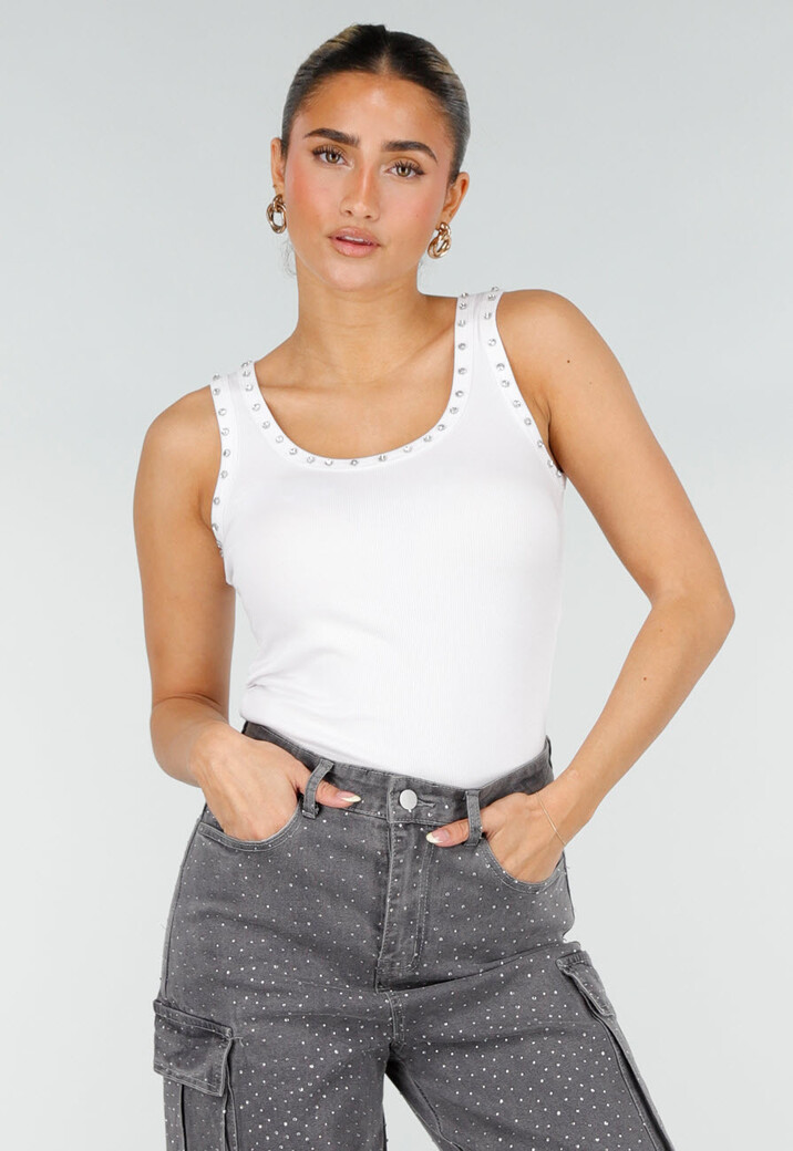 Witte Rib Tank Top met Glitters en Aansluitende Pasvorm