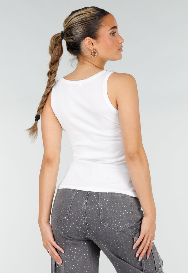 Witte Rib Tank Top met Glitters en Aansluitende Pasvorm