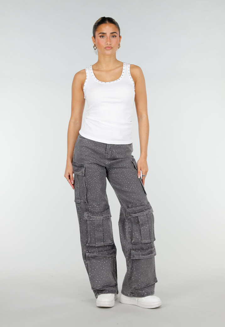 Witte Rib Tank Top met Glitters en Aansluitende Pasvorm