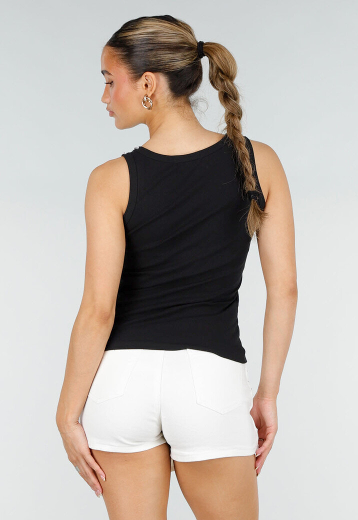 Zwarte Rib Tank Top met Glitters en Aansluitende Pasvorm