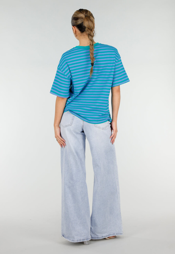 Blauw Groene Gestreepte T-shirt met Ronde Hals en Korte Mouwen
