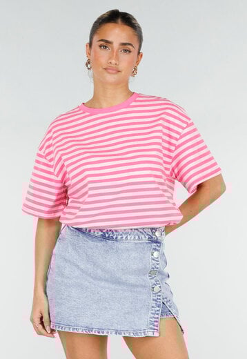 Roze Gestreept T-shirt met Korte Mouwen