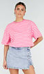Roze Gestreept T-shirt met Korte Mouwen en Ronde Hals
