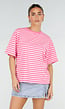 Roze Gestreept T-shirt met Korte Mouwen en Ronde Hals