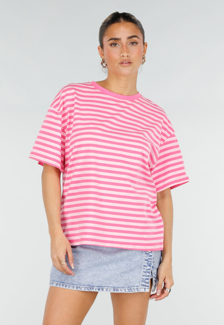 Roze Gestreept T-shirt met Korte Mouwen en Ronde Hals