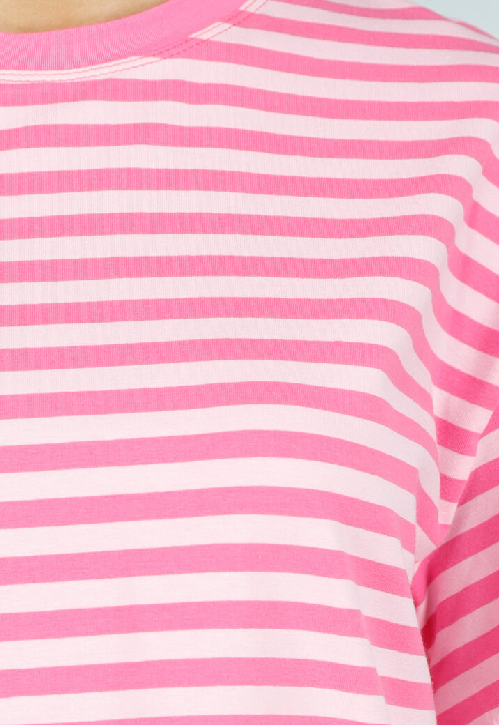 Roze Gestreept T-shirt met Korte Mouwen en Ronde Hals