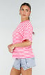 Roze Gestreept T-shirt met Korte Mouwen en Ronde Hals