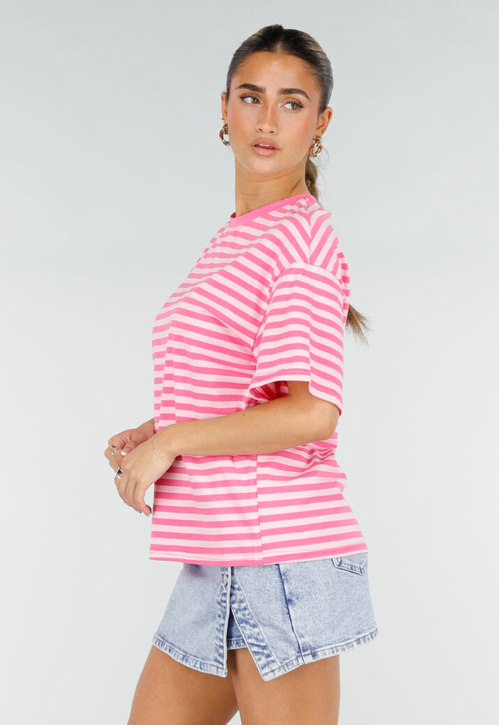 Roze Gestreept T-shirt met Korte Mouwen en Ronde Hals
