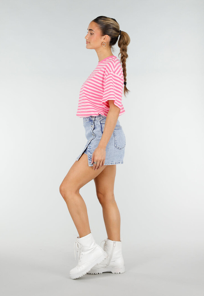 Roze Gestreept T-shirt met Korte Mouwen en Ronde Hals