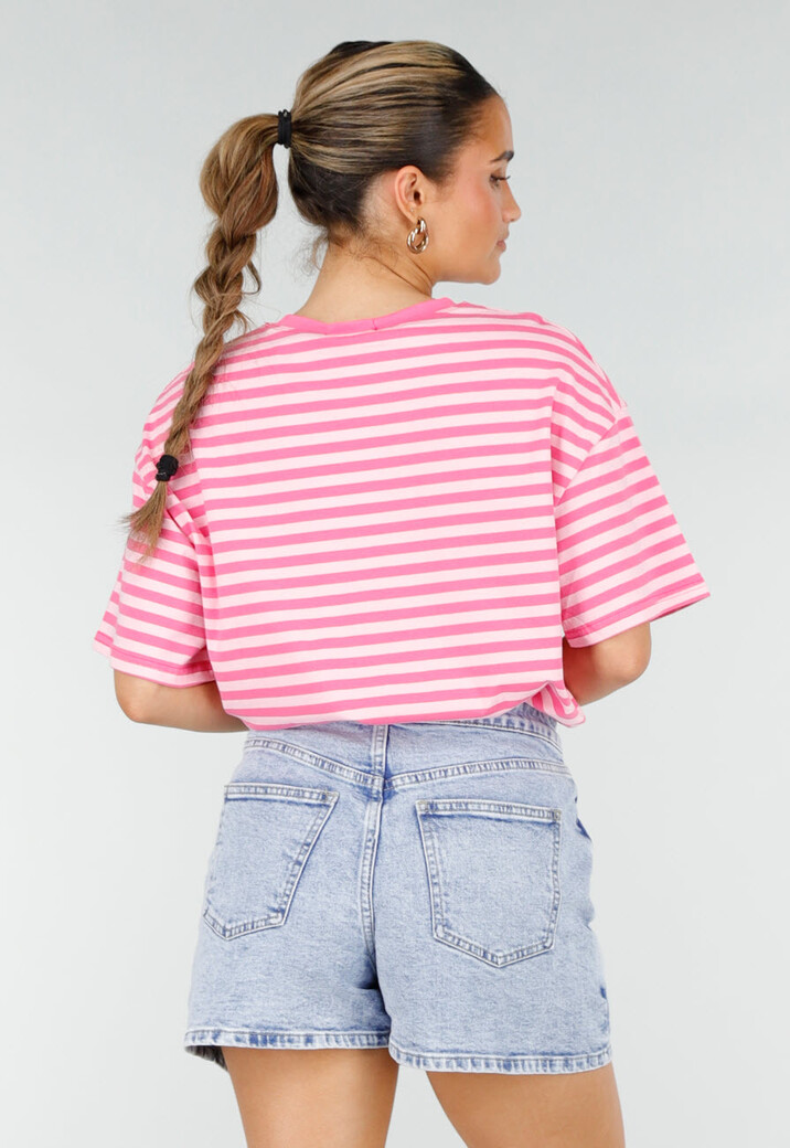 Roze Gestreept T-shirt met Korte Mouwen en Ronde Hals