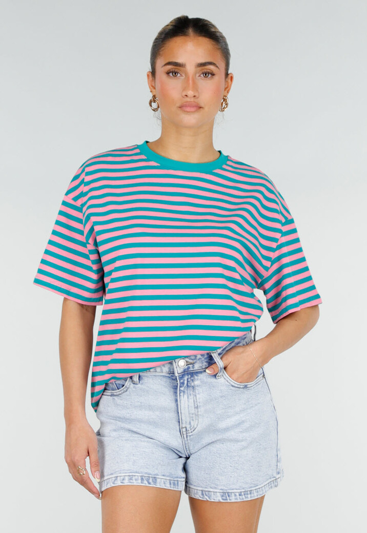Roze Turquoise Gestreept T-shirt met Korte Mouwen en Ronde Hals
