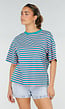Roze Turquoise Gestreept T-shirt met Korte Mouwen en Ronde Hals