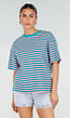 Roze Turquoise Gestreept T-shirt met Korte Mouwen en Ronde Hals