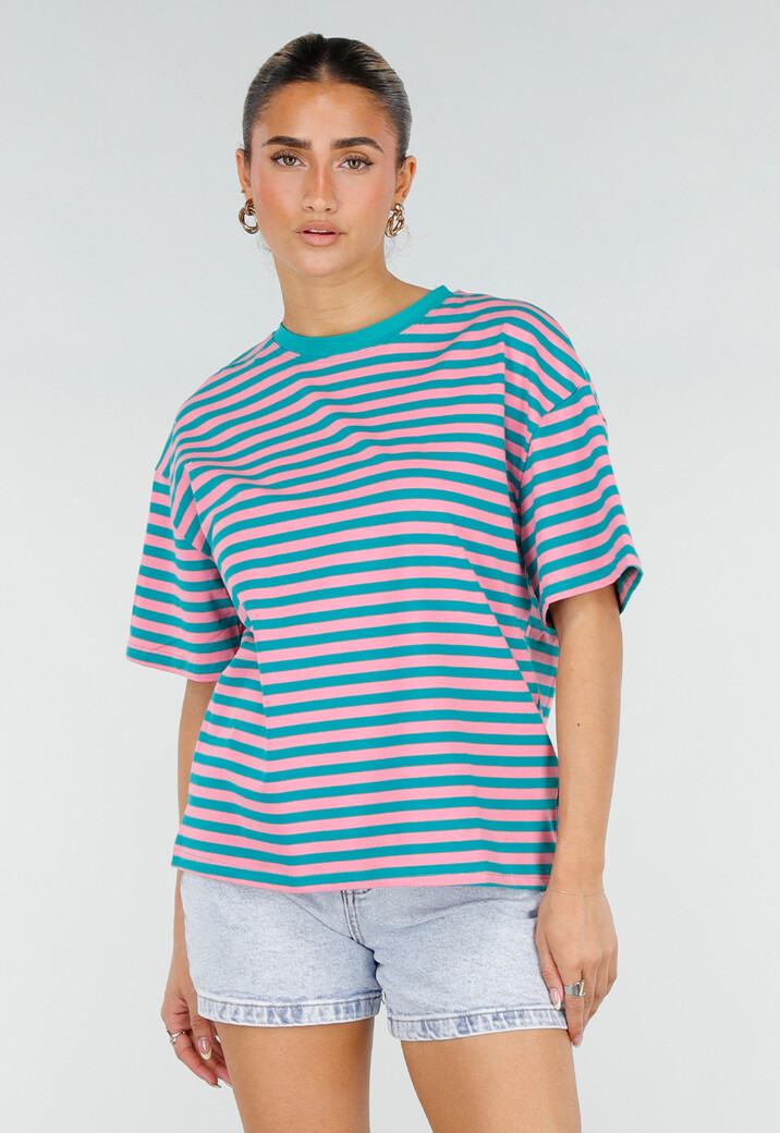 Roze Turquoise Gestreept T-shirt met Korte Mouwen en Ronde Hals