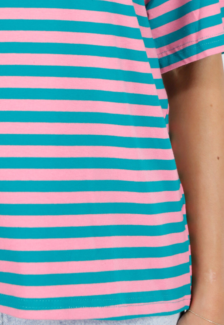 Roze Turquoise Gestreept T-shirt met Korte Mouwen en Ronde Hals