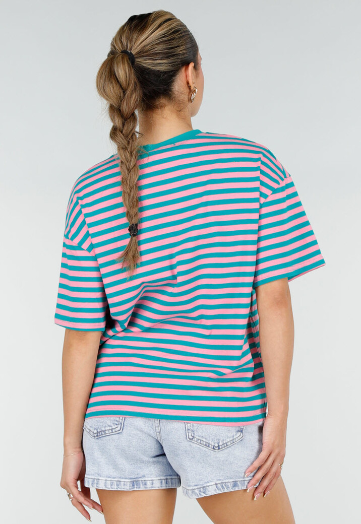 Roze Turquoise Gestreept T-shirt met Korte Mouwen en Ronde Hals