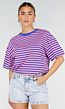 Blauw Roze Gestreept T-shirt met Korte Mouwen en Ronde Hals