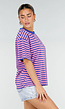 Blauw Roze Gestreept T-shirt met Korte Mouwen en Ronde Hals