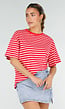 Rood Roze Gestreept T-shirt met Korte Mouwen en Ronde Hals