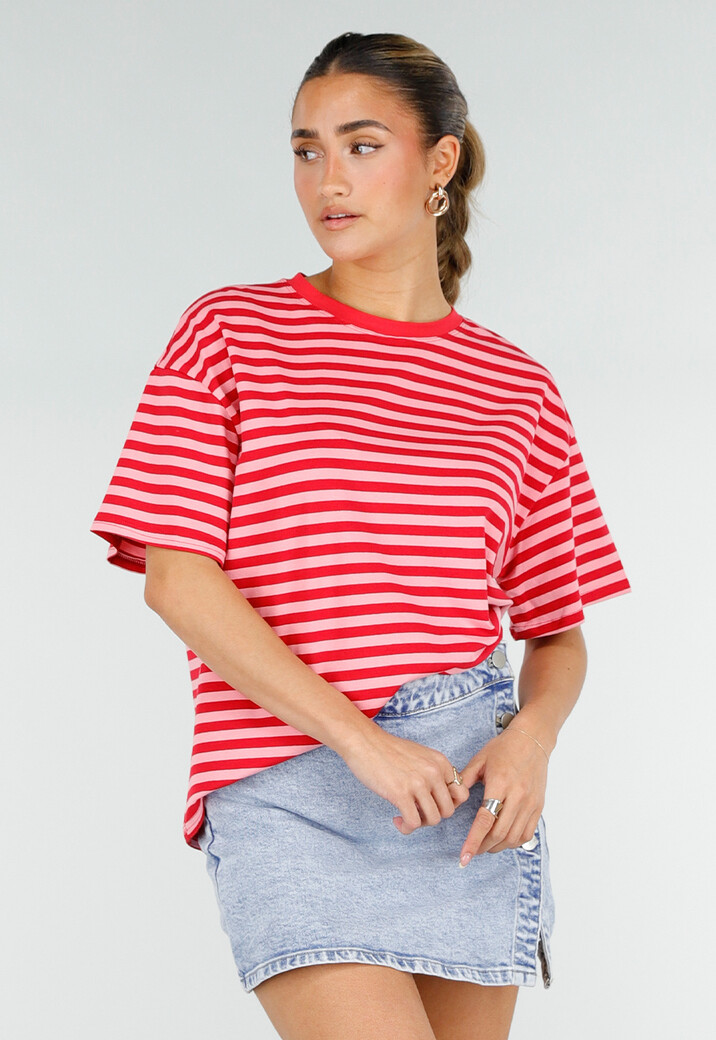 Rood Roze Gestreept T-shirt met Korte Mouwen en Ronde Hals