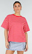 Rood Roze Gestreept T-shirt met Korte Mouwen en Ronde Hals