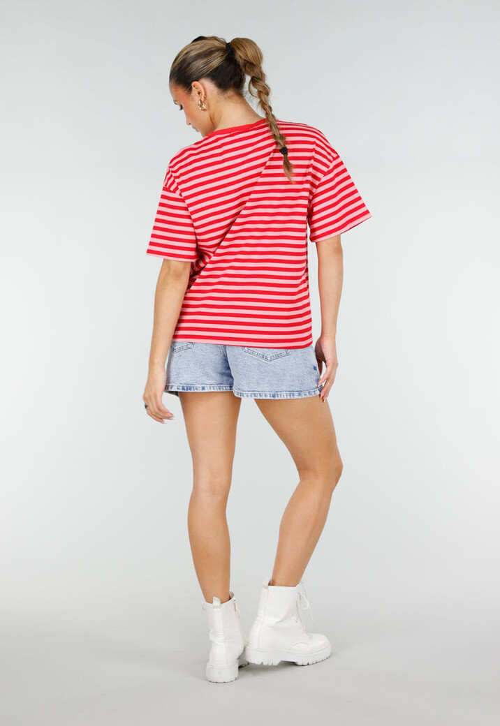 Rood Roze Gestreept T-shirt met Korte Mouwen en Ronde Hals