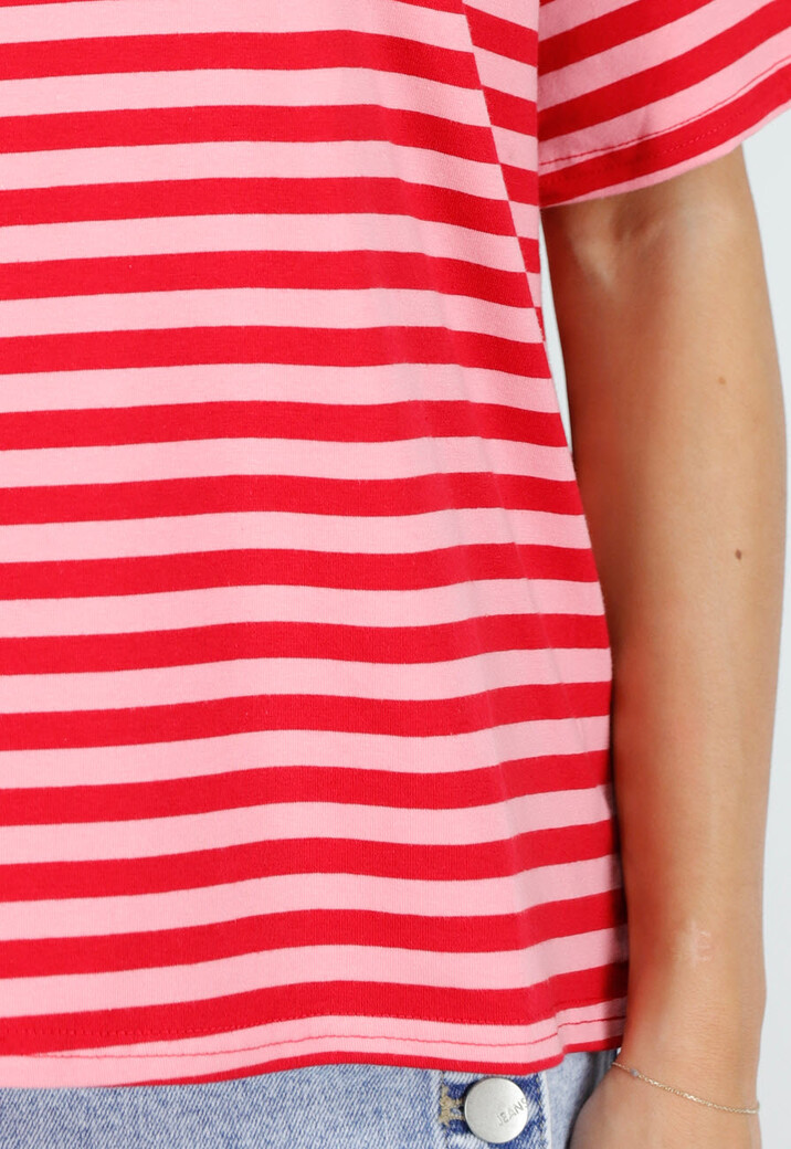 Rood Roze Gestreept T-shirt met Korte Mouwen en Ronde Hals