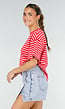 Rood Roze Gestreept T-shirt met Korte Mouwen en Ronde Hals