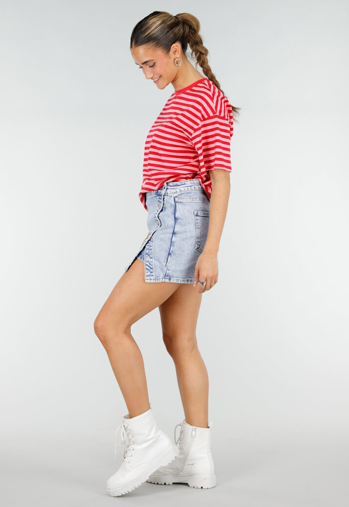 Rood Roze Gestreept T-shirt met Korte Mouwen en Ronde Hals